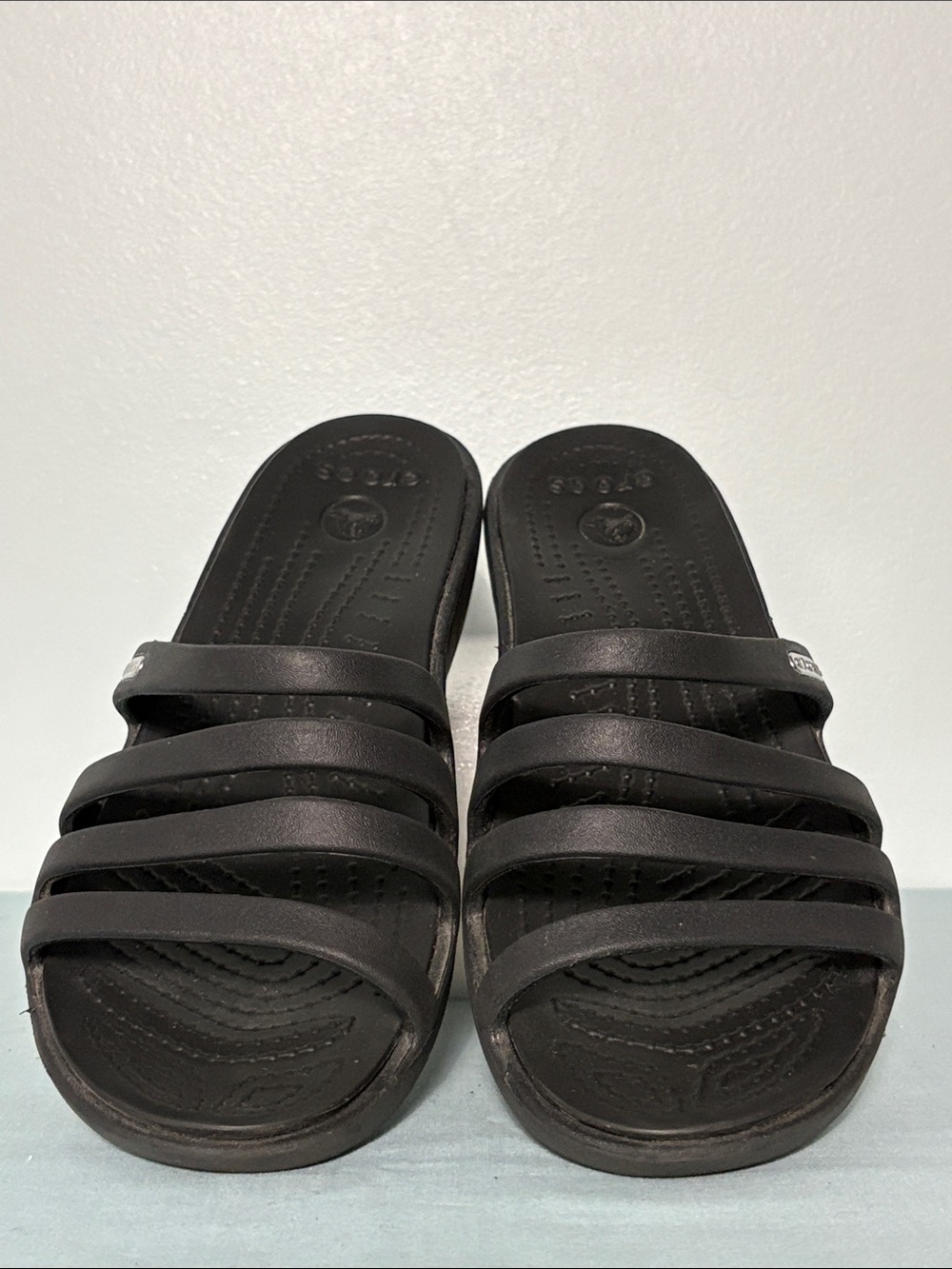 Women’s Black CROCS Rhonda Wedge Triple-Strap Sandals/Side Logo Badge. Size-6